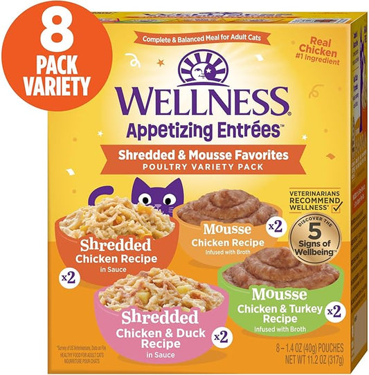 Wellness Appetizing Entrées Shredded & Mousse Adult Wet Cat Food, Natural, Protein-Rich, Grain Free, 1.4 Ounce Pouch, 8 Pack (Poultry Variety Pack)