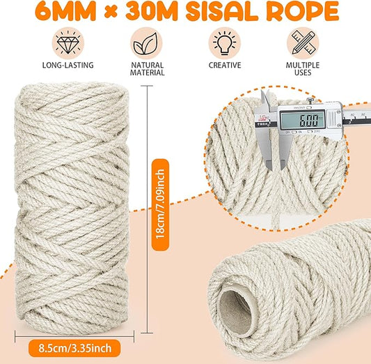 98FT/30M Cat Scratching Sisal Rope, 6mm Thick Natural Jute Rope for Scratch Posts, Cat Trees, DIY Projects, Sisal Rope for Cat Scratcher with 2 Cat Mouse Toys (White, 98ft)