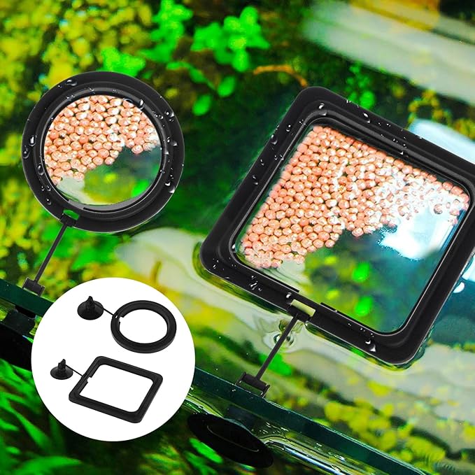 2 PCS Fish Feeding Rings,Black Fish Feeder Round and Square Aquarium Floating Food Feeder Circle with Suction Cup Prevent Water Turbulence from Washing Food into Filter for Guppy, Goldfish and Other