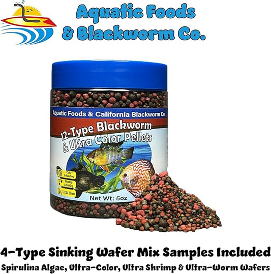 Aquatic Foods Inc. 12-Type Floating & Sinking California Blackworm & Coloring Pellets of 1mm, 2mm, 3mm Size for All Tropical Fish, Koi and Pond Fish, 4-Type Wafer Mix Included...5oz Canister