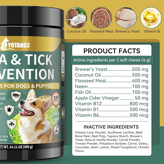 YOTANGO Flea and Tick Prevention for Dogs Chewable, 200 Soft Treats Natural Dog Flea and Tick Treatment Chewable, Oral Flea Supplement Chews, Skin & Coat Support for Dogs Puppies - All Breeds & Ages