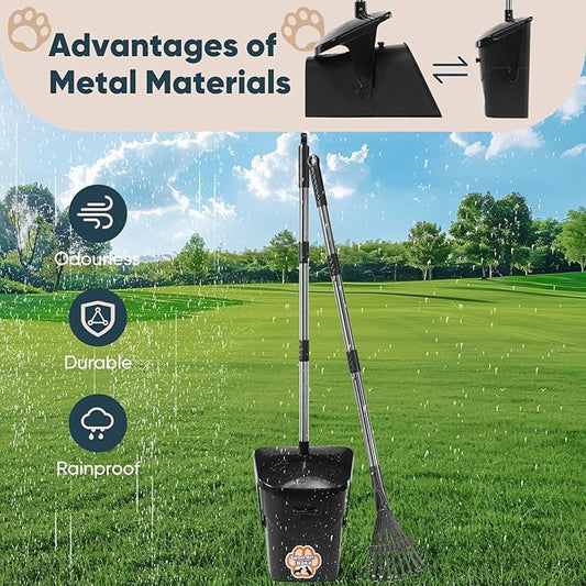 Stainless Steel Dog Pooper Scooper,40" Long Handle Swivel Bin and Rake,20 Waste Bags - Heavy Duty Portable Metal Poop Scooper for Large,Medium and Small Dogs