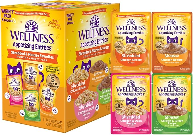 Wellness Appetizing Entrées Shredded & Mousse Adult Wet Cat Food, Natural, Protein-Rich, Grain Free, 1.4 Ounce Pouch, 8 Pack (Poultry Variety Pack)