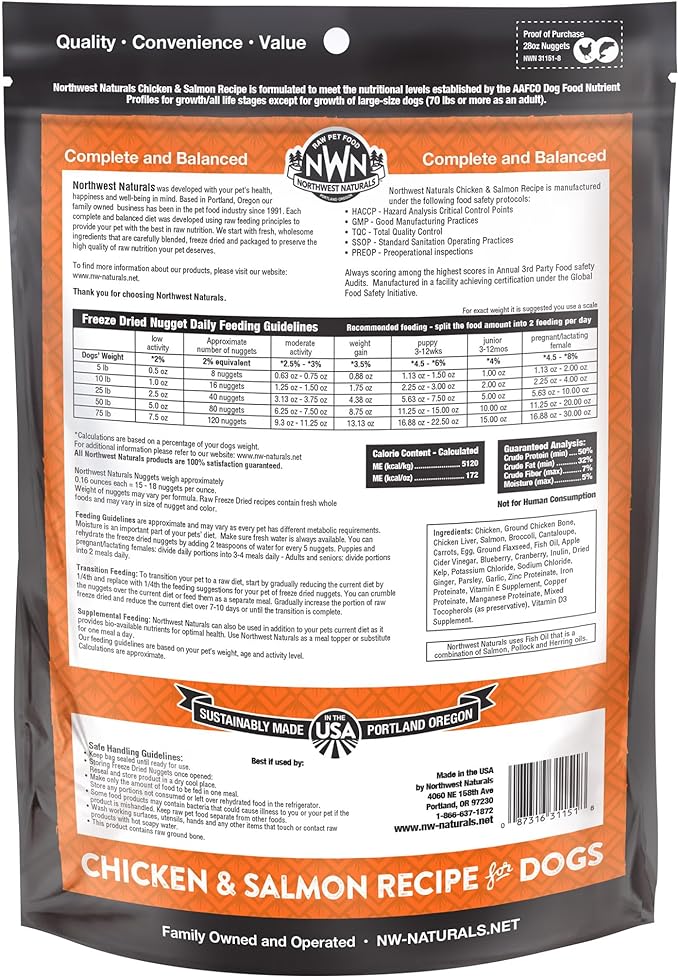 Northwest Naturals Freeze-Dried Chicken & Salmon Dog Food - Bite-Sized Nuggets - Grain-Free, High-Protein, Raw Diet, Human-Grade, Limited Ingredients, All Natural, Omega-3 for Skin & Coat - 25 Oz