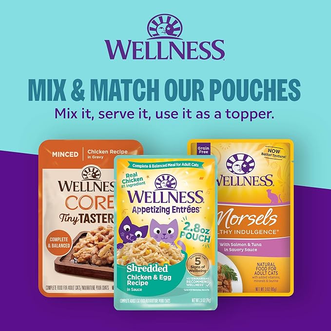 Wellness Appetizing Entrées Mousse, Adult Wet Cat Food, Natural, Protein-Rich, Grain-Free, 2.8 Ounce Pouch, 8 Pack, (Whipped Wonders Poultry Variety Pack)