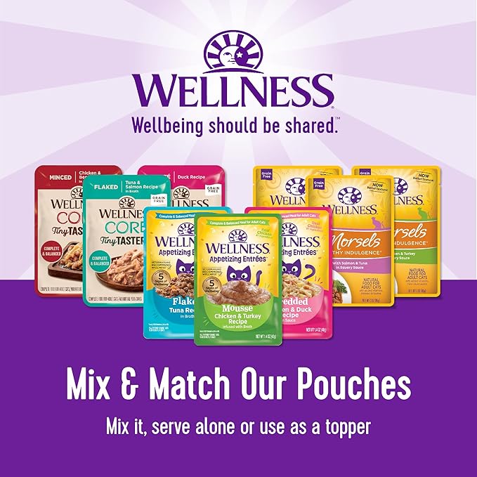 Wellness Appetizing Entrées Shredded Adult Wet Cat Food, Natural, Protein-Rich, Grain Free, 1.4 Ounce Pouch, 8 Pack (Chicken & Duck Recipe)