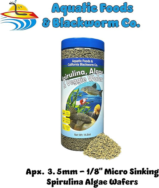 Aquatic Foods Inc. 3.5mm - 1/8" Micro Sinking Wafers of Spirulina, Algae & Veggies for Bottom Fish, Plecos, Shrimp, Snails, All Tropical Fish, 4-Type Wafer & 12-Type Pellet Mix Included 1-lb 4oz