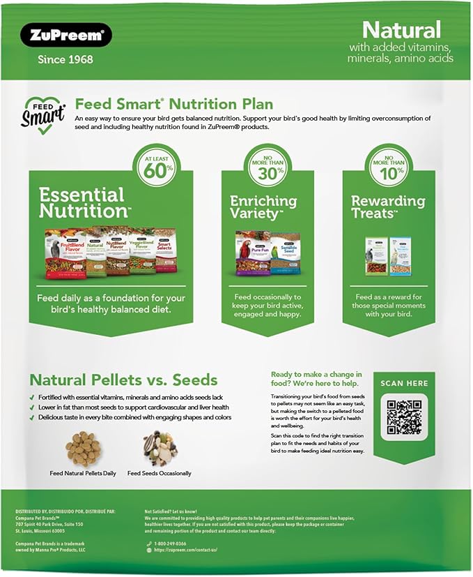 ZuPreem Natural Bird Food, Bird Feed Pellets for Parrot, Conure, Caique, African Grey, Eclectus, Small Cockatoo, Core Nutrition, Made in USA, Added Vitamins, Parrot Food, (M/L, 10 lb Bag)