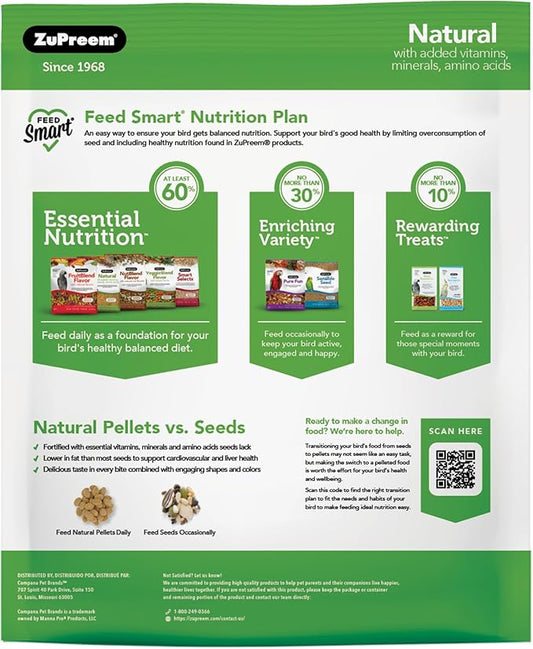 ZuPreem Natural Bird Food, Bird Feed Pellets for Parrot, Conure, Caique, African Grey, Eclectus, Small Cockatoo, Core Nutrition, Made in USA, Added Vitamins, Parrot Food, (M/L, 10 lb Bag)