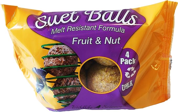 Wildlife Sciences Suet Balls 24 Pack, 6 Individually Wrapped Packs of 4 Bird Suet Balls (Fruit & Nut)