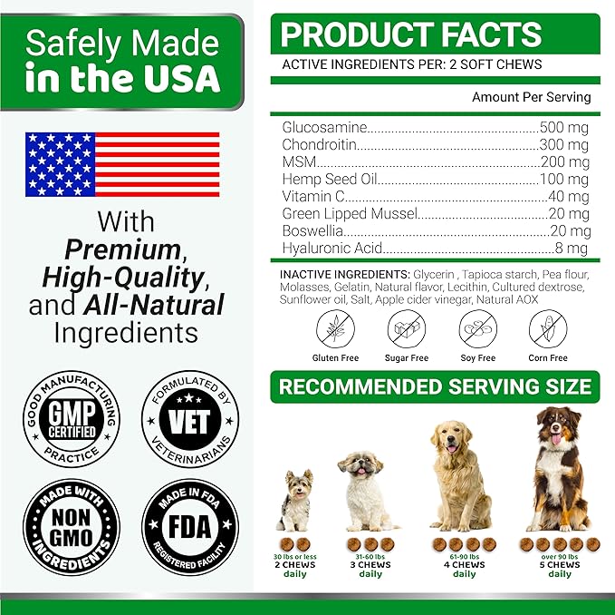 YUMA'S Glucosamine for Dogs - Hip and Joint Supplement for Dogs - 170 Ct - Glucosamine Chondroitin Chews - Joint Pain Relief Supplement with MSM - Advanced Health - Mobility Support - Made in USA