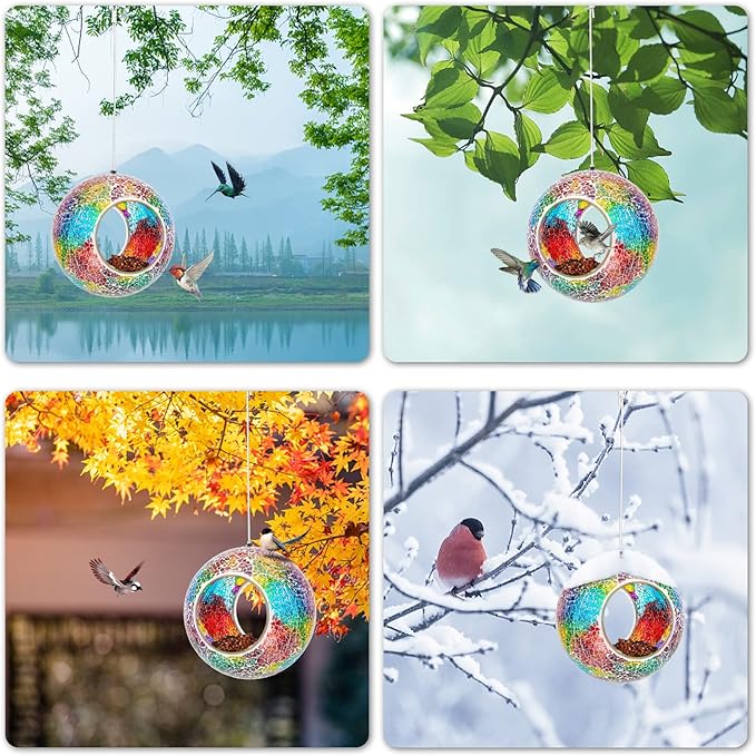 VCUTEKA Bird Feeder Mosaic Fly Through Bird Feeders for Outside Hanging with Round Shape Glass Container to Attract More Wild Birds for Garden, Yard, Backyard, Deck and Porch Decor, Purple 7-Inch