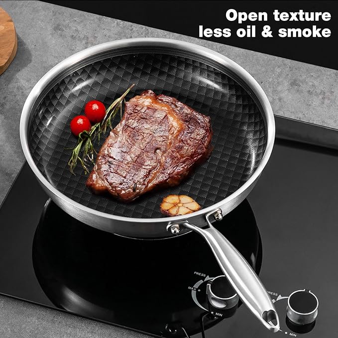 10-Inch Non Stick Frying Pans, Ceramic Coating NonStick Stainless Steel Pan Set, Tri-Ply Skillets and Pan Set with Lid, Cool-Touch Handle, Dishwasher and Oven Safe