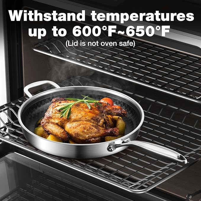 12-Inch Non Stick Frying Pans, Ceramic Coating NonStick Stainless Steel Pan Set, Tri-Ply Skillets and Pan Set with Lid, Cool-Touch Handle, Dishwasher and Oven Safe