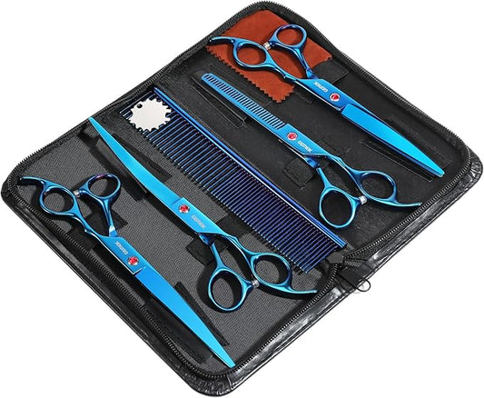 7.0in Titanium Blue Professional Pet Grooming Scissors Set, GEMEK 6 in 1 Straight & Thinning & Upwards Curved & Downwards Curved Scissors & Comb for Dogs, Cats (Blue)