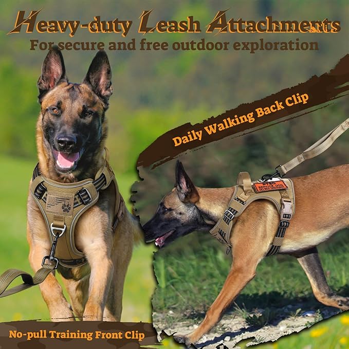 rabbitgoo Dog Harness Small Sized No Pull, Tactical Service Pet Vest with Molle and Control Handle, Adjustable and Reflective Military Harness for Easy Walking and Training, Brown, S