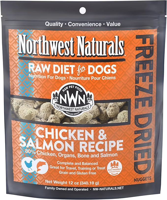 Northwest Naturals Freeze-Dried Chicken & Salmon Dog Food - Bite-Sized Nuggets - Grain-Free, High-Protein, Raw Diet, Human-Grade, Limited Ingredients, All Natural, Omega-3 for Skin & Coat - 12 Oz