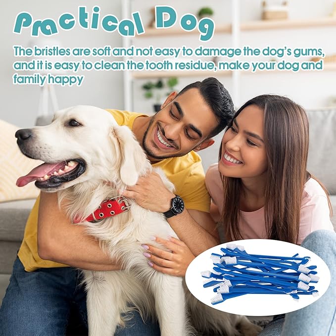 Gerrii 200 Count Dog Toothbrush Double Headed Pet Toothbrush Long Handle Dog Tooth Brushing Kit Soft Bristles Pet Tooth Brush for Doggy Cat and Most Pets Teeth Cleaning Dental Oral(Blue)
