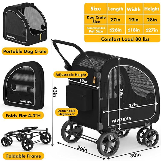 PAWZIDEA Dog Stroller for Large Dogs, Pet Stroller with Detachable Carrier for Portable Dog Crate for Car Seat, Foldable Dogs Jogger Strollers, All Terrain 9” Wheels, Adjustable Handle, Storage Bag