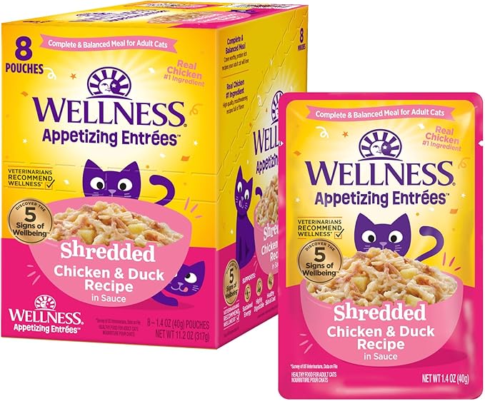 Wellness Appetizing Entrées Shredded Adult Wet Cat Food, Natural, Protein-Rich, Grain Free, 1.4 Ounce Pouch, 8 Pack (Chicken & Duck Recipe)