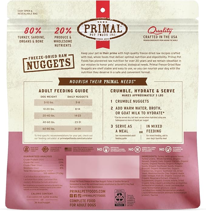 Primal Freeze Dried Raw Dog Food Nuggets, Turkey & Sardine, Complete & Balanced Meal, Also Use as Topper or Treat, Premium, Healthy, Grain Free, High Protein Raw Dog Food, 14 oz (Pack of 2)