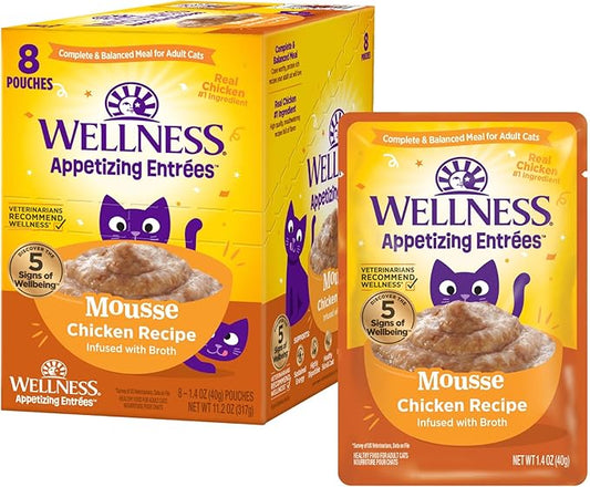 Wellness Appetizing Entrées Mousse Adult Wet Cat Food, Natural, Protein-Rich, Grain Free, 1.4 Ounce Pouch, 8 Pack (Chicken Recipe)