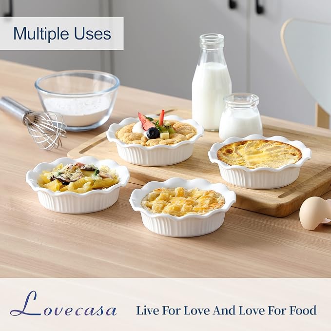 LOVECASA Ceramic Mini Pie Pans Set of 6-5.5 Inch Oven Safe Small Pie Dishes, Nonstick Mini Pot Pie Baking Tins for Chicken Pot Pie, Tarts, Quiches & Desserts, Stackable Ruffled Rims, White