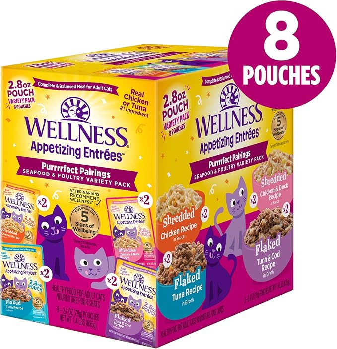 Wellness Appetizing Entrées Flaked & Shredded Adult Wet Cat Food, Natural, Protein-Rich, Grain Free, 2.8 Ounce Pouch, 8 Pack (Seafood & Poultry Variety Pack)