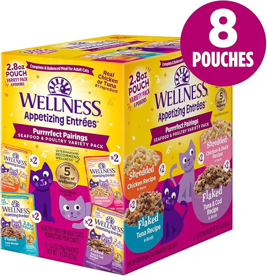 Wellness Appetizing Entrées Flaked & Shredded Adult Wet Cat Food, Natural, Protein-Rich, Grain Free, 2.8 Ounce Pouch, 8 Pack (Seafood & Poultry Variety Pack)