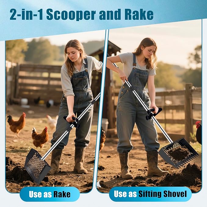 10-inch Large Metal Chicken Poop Scooper&Rake 2-in-1 with Ergonomic Grip Adjustable Long Handle(36 to 61 Inches) for Cleaning Chicken Sand,Chicken Poop Sifting Shovel,Chicken Coop Accessories