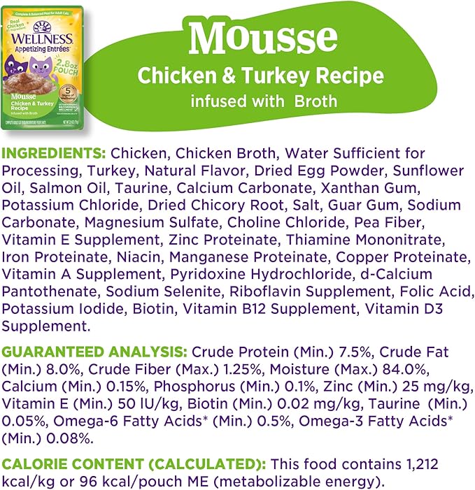 Wellness Appetizing Entrées Mousse, Adult Wet Cat Food, Natural, Protein-Rich, Grain-Free, 2.8 Ounce Pouch, 8 Pack, (Chicken & Turkey Recipe)