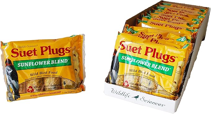 Wildlife Sciences Suet Plugs 48 Pack, Case of 12 Individually Wrapped 12 oz 4 Packs (Sunflower Blend)