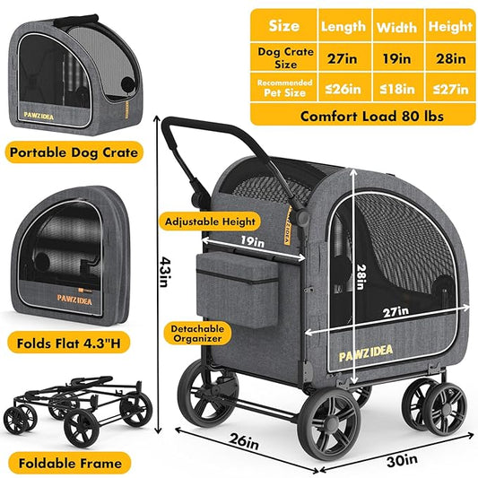 PAWZIDEA Dog Stroller for Large Dogs, Pet Stroller with Detachable Carrier for Portable Dog Crate for Car Seat, Foldable Dogs Jogger Strollers, All Terrain 9” Wheels, Adjustable Handle, Up to 80lbs