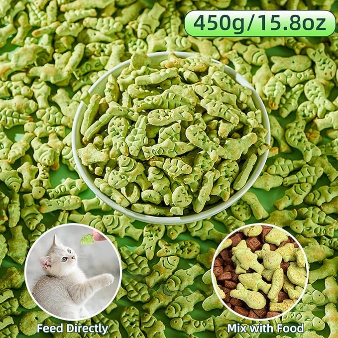 Cat Hairball Treats, 16 Oz Kitty Teeth Cleaning Catnip for Indoor, Fish Shape Cat Nip Dry Food, Healthy Chicken and Salmon Flavor Grass Biscuits