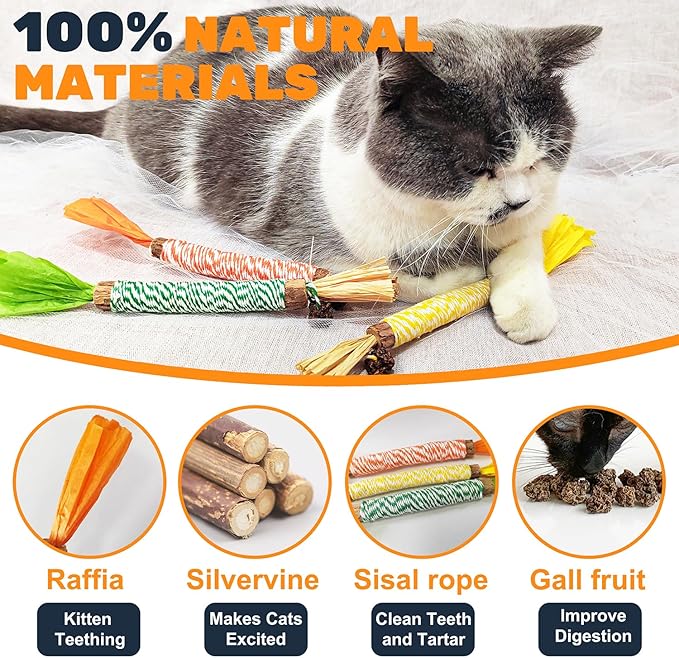 12pcs Natural Catnip Chew Toys for Kittens Teeth Cleaning,Silvervine Sticks, Increase Appetite, Calm Anxiety and Stress, Aggressive Chewers Toy