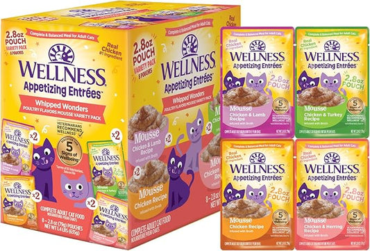 Wellness Appetizing Entrées Mousse, Adult Wet Cat Food, Natural, Protein-Rich, Grain-Free, 2.8 Ounce Pouch, 8 Pack, (Whipped Wonders Poultry Variety Pack)