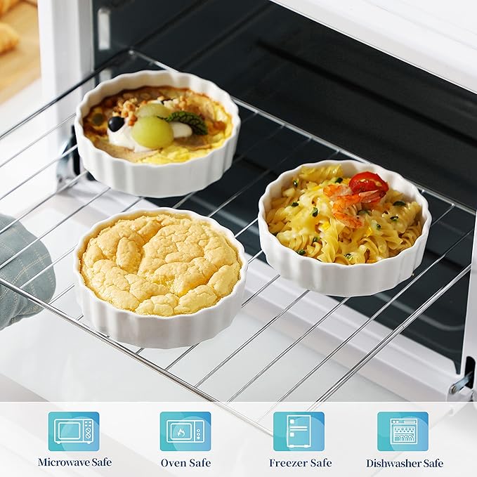 LOVECASA Porcelain Ramekins 8 Oz Oven Safe Set of 6 - Shallow Creme Brulee Dishes for Baking, Soufflés, Custards, Fluted Quiche Pans, Chip-Resistant & Stackable, White