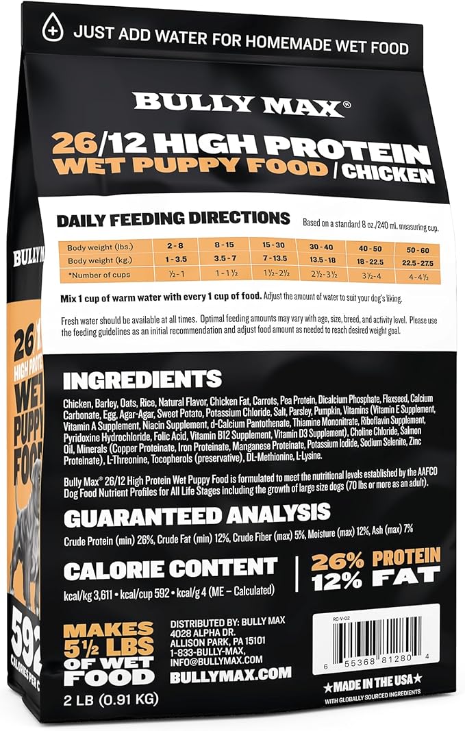 Bully Max Wet Puppy Food - Instant Fresh Dehydrated High Protein Soft Dog Food with Chicken - Healthy Growth for Small & Large Breed - 20 Dry Dog Food Pounds (Makes 55 lbs. Wet Food, 10 Pouches)