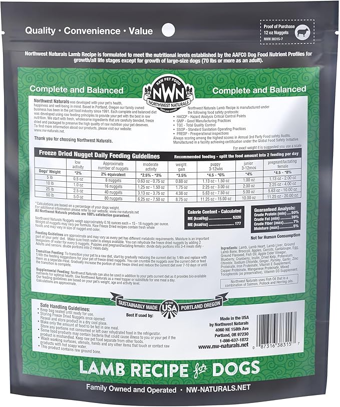 Northwest Naturals Freeze-Dried Lamb Dog Food - Bite-Sized Nuggets - Grain-Free, High-Protein, Raw Diet, Human-Grade, Limited Ingredients, All Natural, Nutrient-Dense, Healthy & Nutritious - 25 Oz