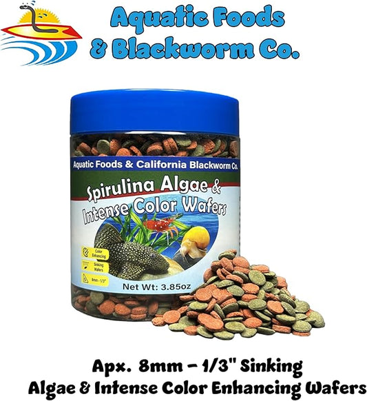 Aquatic Foods Inc. 8mm - 1/3" Small Sinking Wafers of Spirulina, Algae & Color Enhancing Wafers for Bottom Fish, Shrimp, Snails, All Tropical Fish. 4-Type Wafer & 12-Type Pellet Mix Included..6oz
