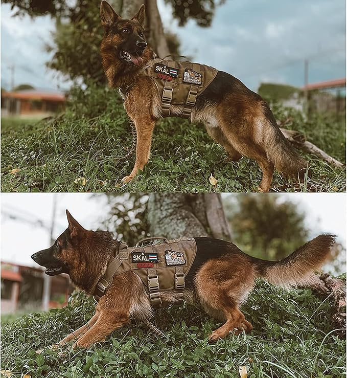 OneTigris No Pull Tactical Dog Harness for Medium Large Dog, Mesh Design Breathable Service Dog Vest with Handle, Military Dog Vest Harness with Molle Panels for Walking Hiking Training (XL, Brown)