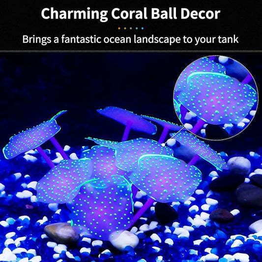 Uniclife Silicone Coral Plant Decorations Glowing Artificial Ornament for Fish Tank Aquarium, Green, Ball Shape