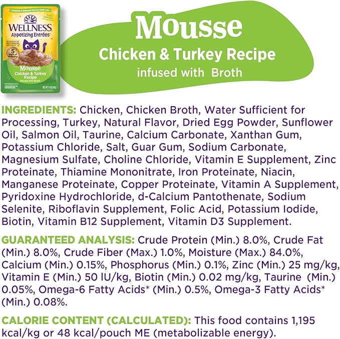 Wellness Appetizing Entrées Mousse Adult Wet Cat Food, Natural, Protein-Rich, Grain Free, 1.4 Ounce Pouch, 8 Pack (Chicken & Turkey Recipe)