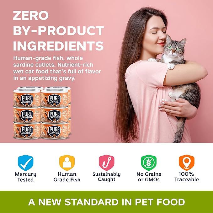 Wet Cat Food Canned Tuna and Salmon Cutlets in Gravy, 100% Mercury-Tested, Moist Can Fish for Cats, Grain-Free, Protein, Non-GMO, Pack of 12