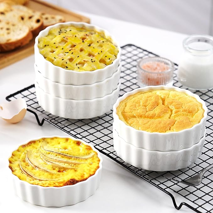 LOVECASA Porcelain Ramekins 8 Oz Oven Safe Set of 6 - Shallow Creme Brulee Dishes for Baking, Soufflés, Custards, Fluted Quiche Pans, Chip-Resistant & Stackable, White