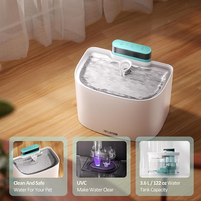 PET LAYSON Pumpless Cat Water Fountain,Cordless Fountains Battery Operated, 3.6L/122oz with Maglev Valve Technology Rechargeable Water Dispenser for Cat&Dog, 8 Filters,2 Nozzles(Pink01,M1-8 Filter)