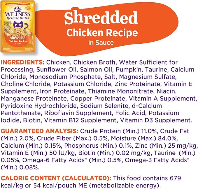 Wellness Appetizing Entrées Shredded Adult Wet Cat Food, Natural, Protein-Rich, Grain Free, 1.4 Ounce Pouch, 8 Pack (Chicken Recipe)