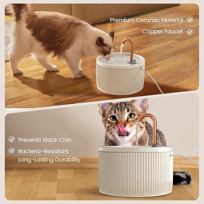 Ceramic Cat Water Fountain - 2.1L/71oz - All-Ceramic Body & Pure Copper Water Spout - Automatic Pet Drinking Fountain for Cats Indoor with Ultra-Quiet Pump, and 3Pcs Filter & Sponge (Beige)