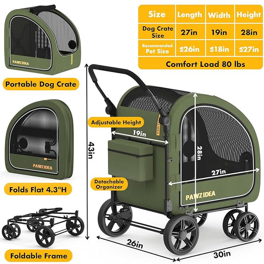 PAWZIDEA Dog Stroller for Large Dogs, Collapsible Pet Stroller with Detachable Carrier, Portable Dog Crate for Car Seat, Adjustable Handle, All-Terrain 9” Wheels, Ideal for Travel & Outdoor Adventures