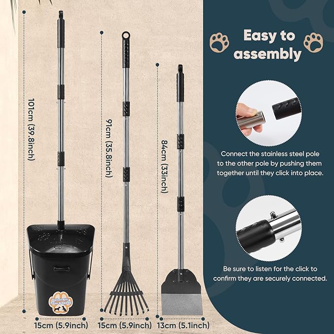 Stainless Steel Dog Pooper Scooper,40" Long Handle Swivel Bin, Rake and Spade,20 Waste Bags & Hook - Heavy Duty Portable Metal Poop Scooper for Large,Medium and Small Dogs